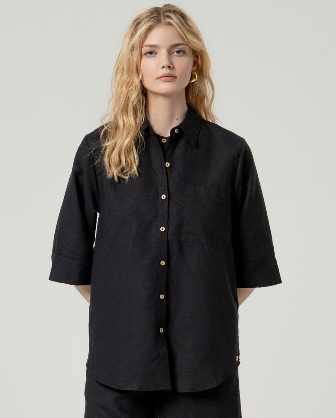 SURKANA Camicia lunga di lino a maniche a 3/4 Nero
